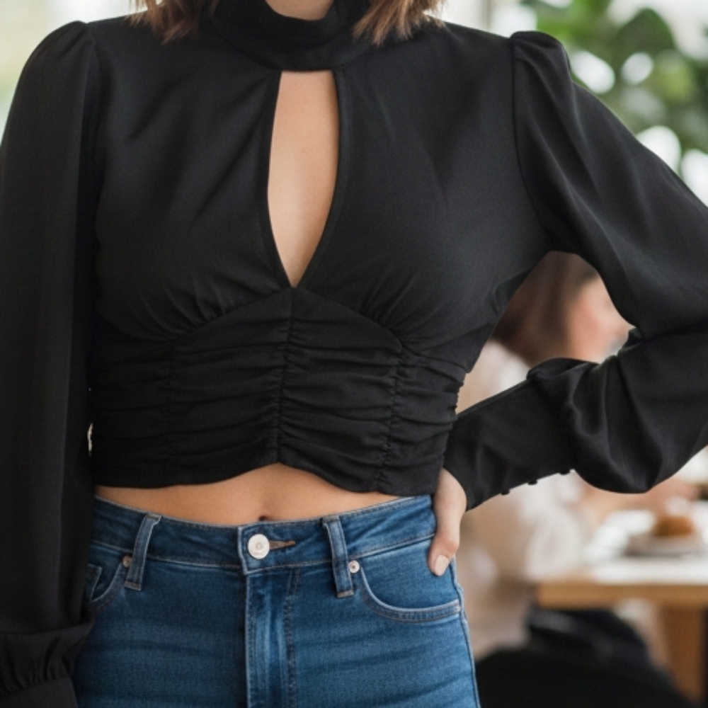 Elegant Black Ruched Women's Blouse